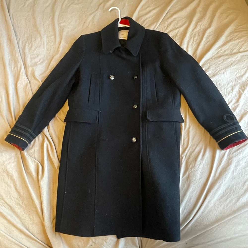 Mango Classic Black Pea Coat with Red Accents